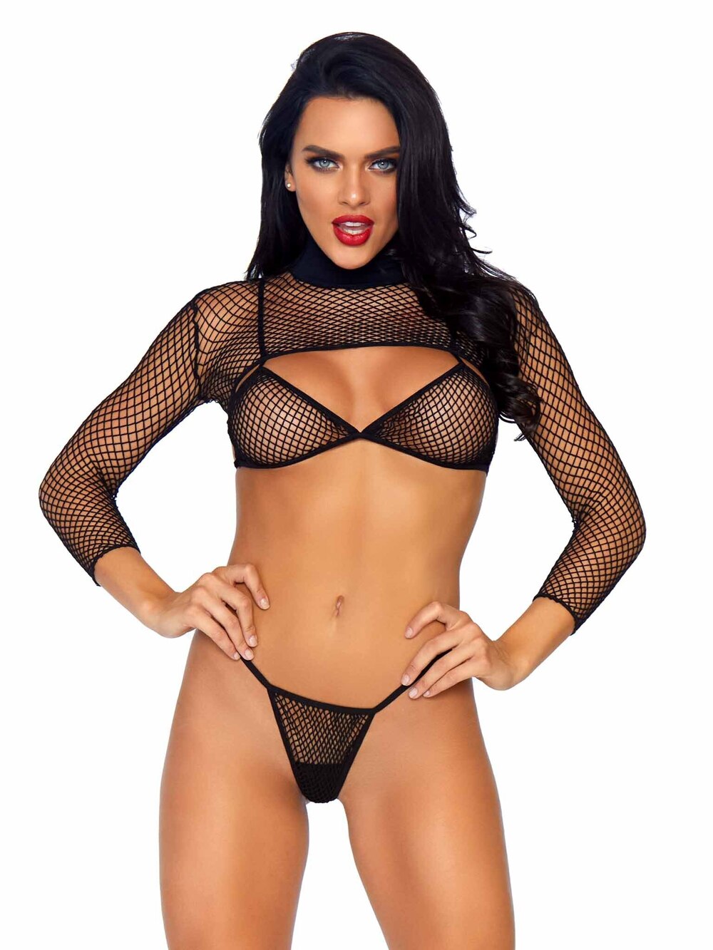 leg Avenue - Deep Cut Fishnet Bikini Set - BLACK